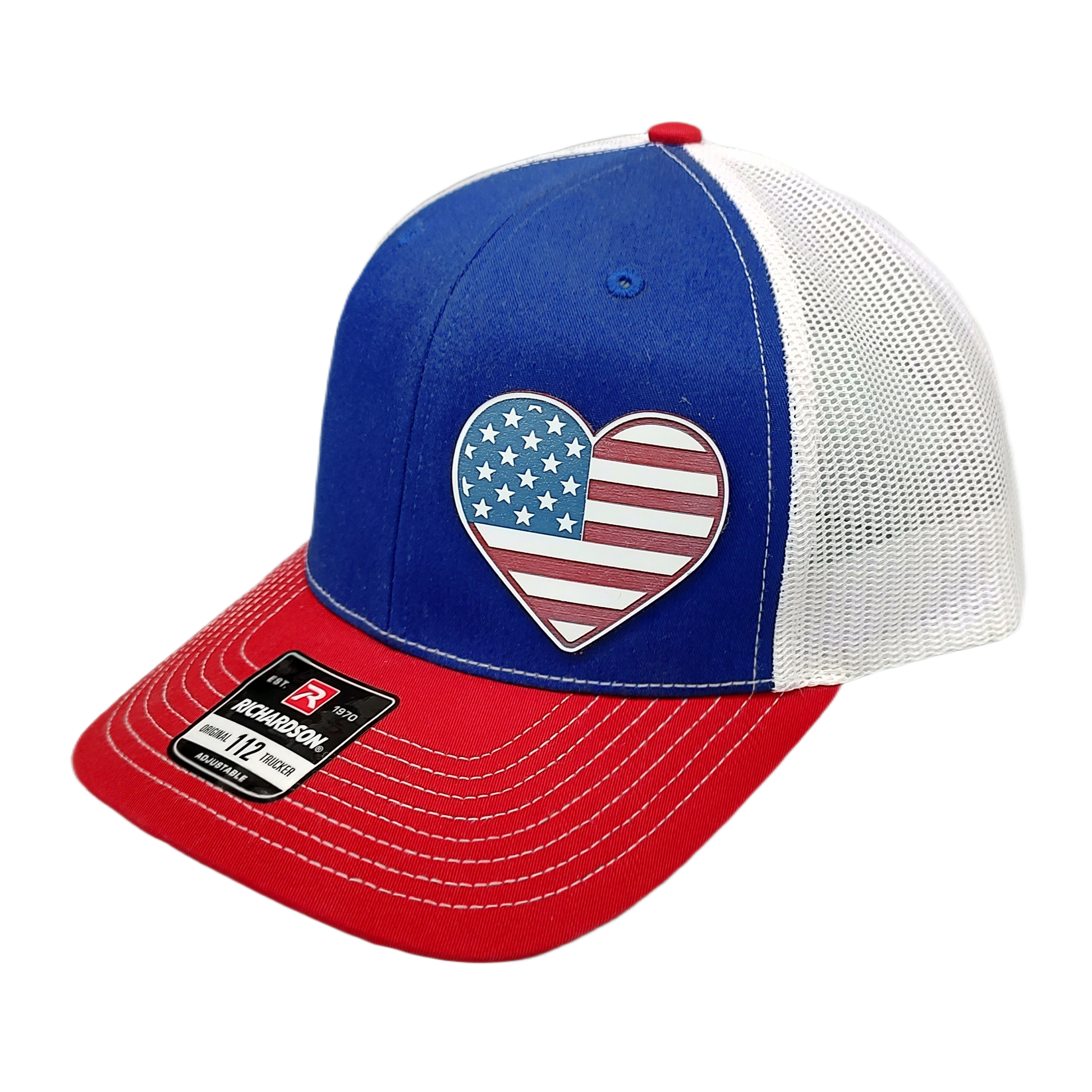 Acrylic Laser-Engraved USA Heart Patch – Trucker Hat Royal/ White/ Red, OSFM