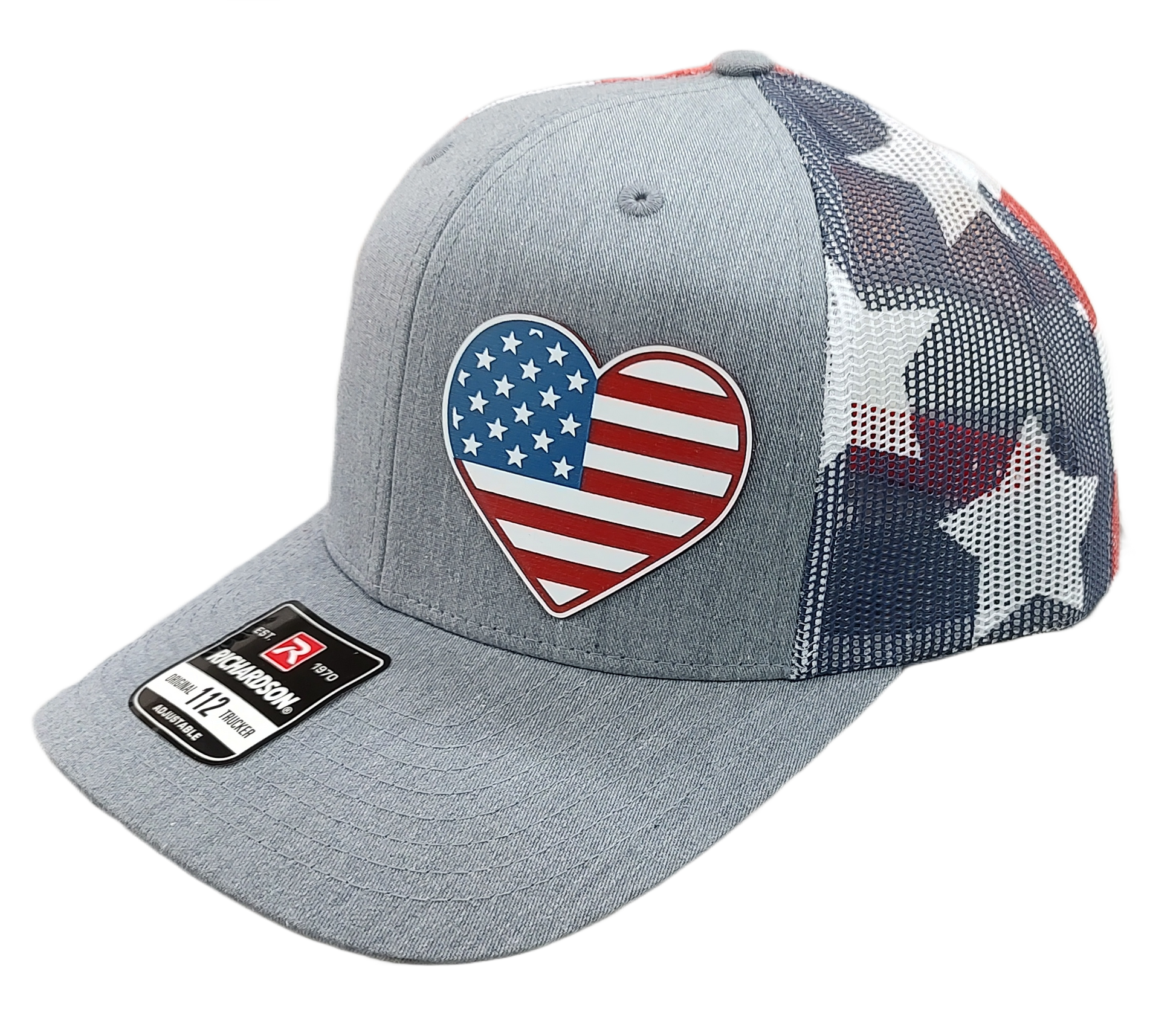 Acrylic Laser-Engraved USA Heart Patch - Heather Grey/ Stars & Stripes, OSFM