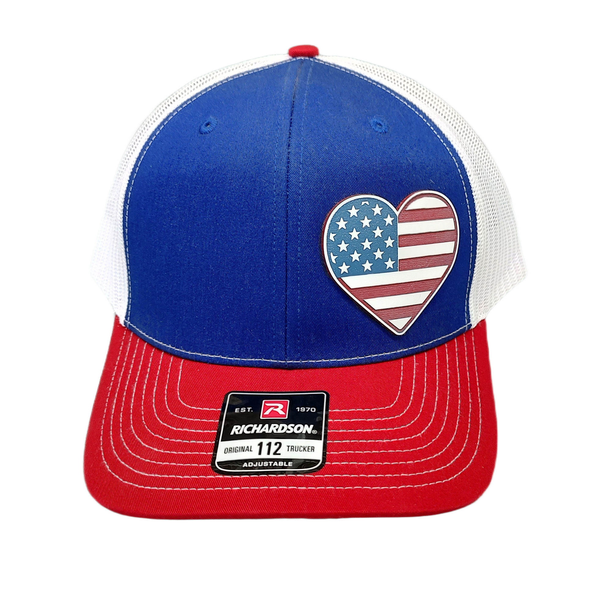 Acrylic Laser-Engraved USA Heart Patch – Trucker Hat Royal/ White/ Red, OSFM