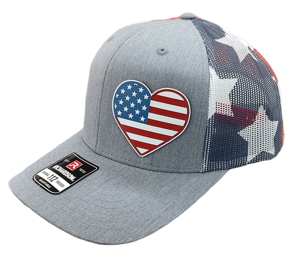 Acrylic Laser-Engraved USA Heart Patch - Heather Grey/ Stars & Stripes, OSFM