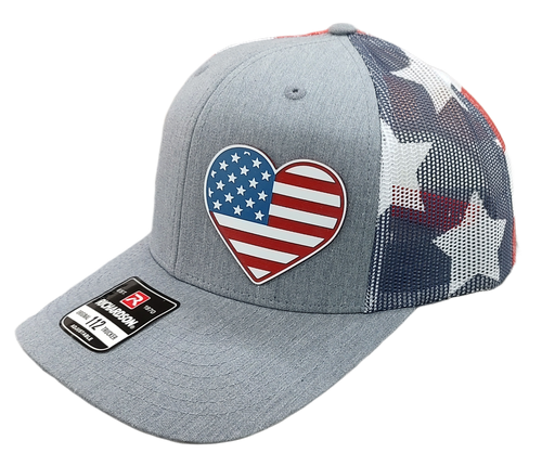 Acrylic Laser-Engraved USA Heart Patch - Heather Grey/ Stars & Stripes, OSFM