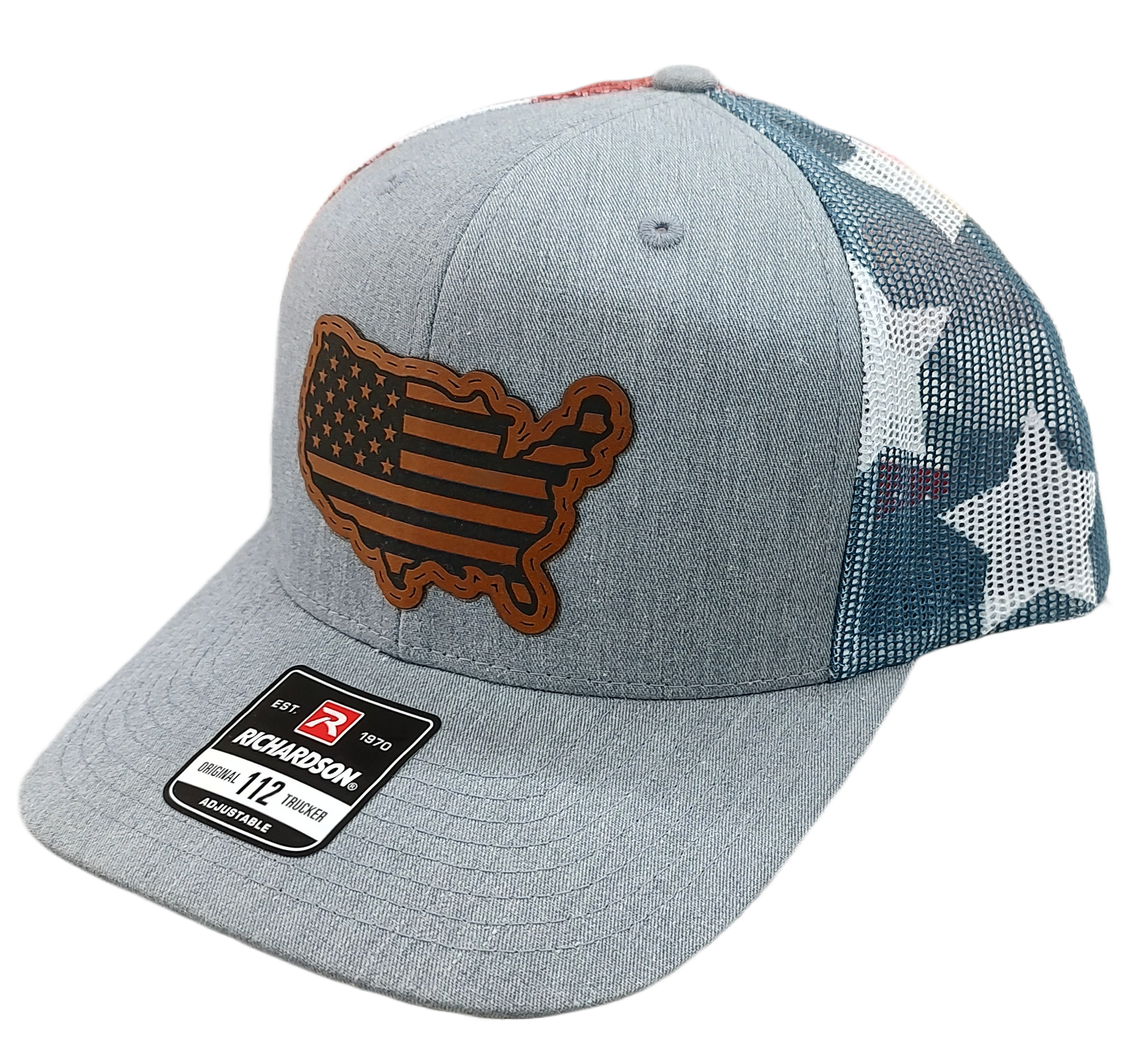 Leatherette Laser-Engraved USA Map Patch - Heather Grey/ Stars & Stripes, OSFM