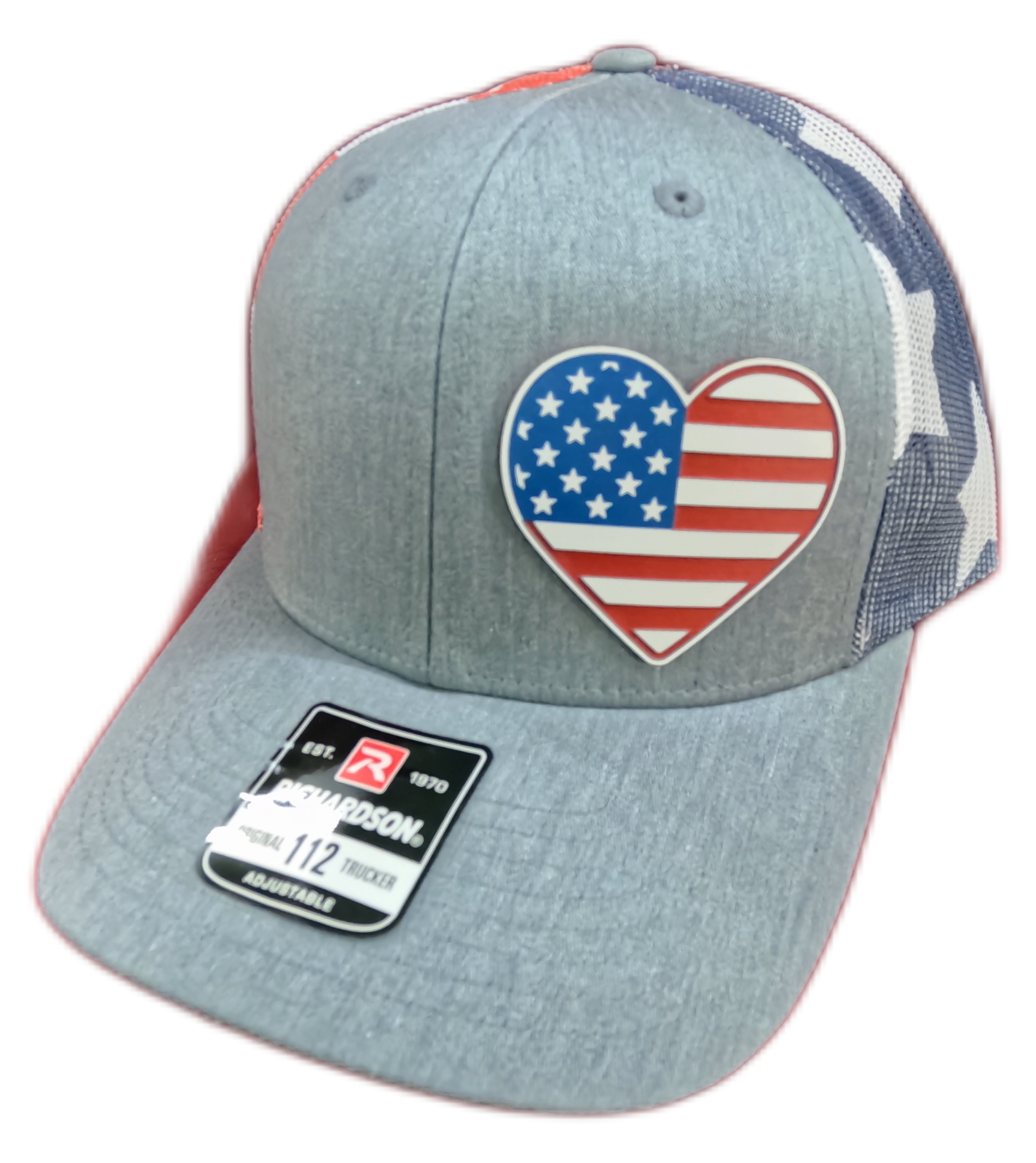 Acrylic Laser-Engraved USA Heart Patch - Heather Grey/ Stars & Stripes, OSFM