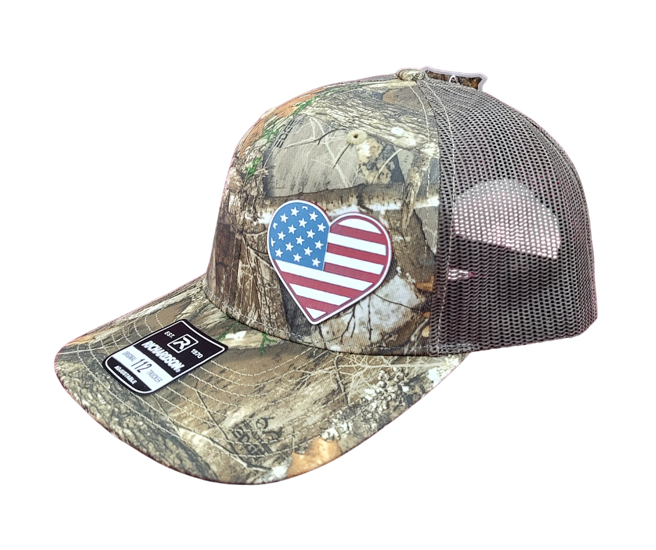 Camo Trucker Hat-Red White and Blue Heart